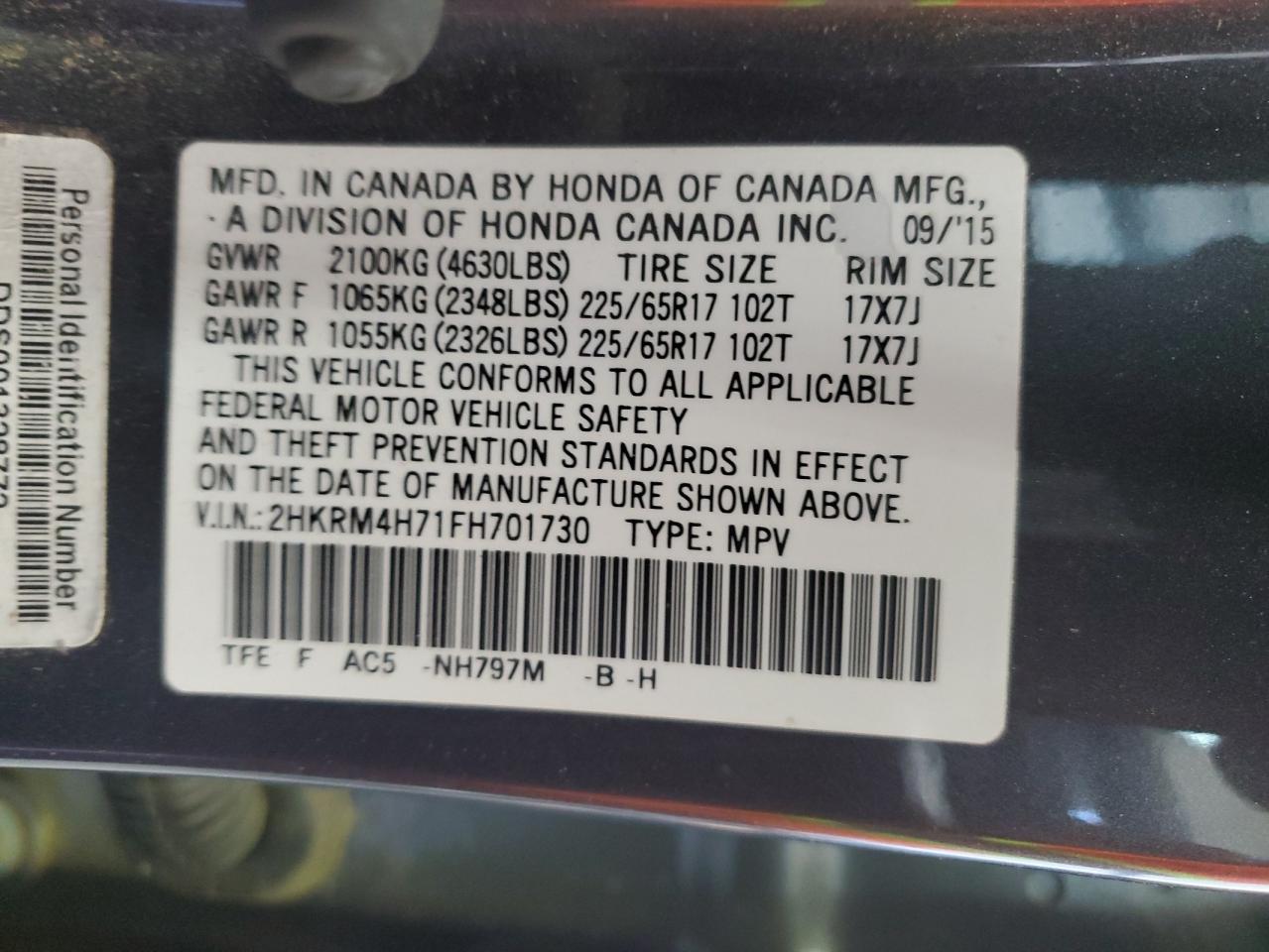 2HKRM4H71FH701730 2015 Honda Cr-V Exl