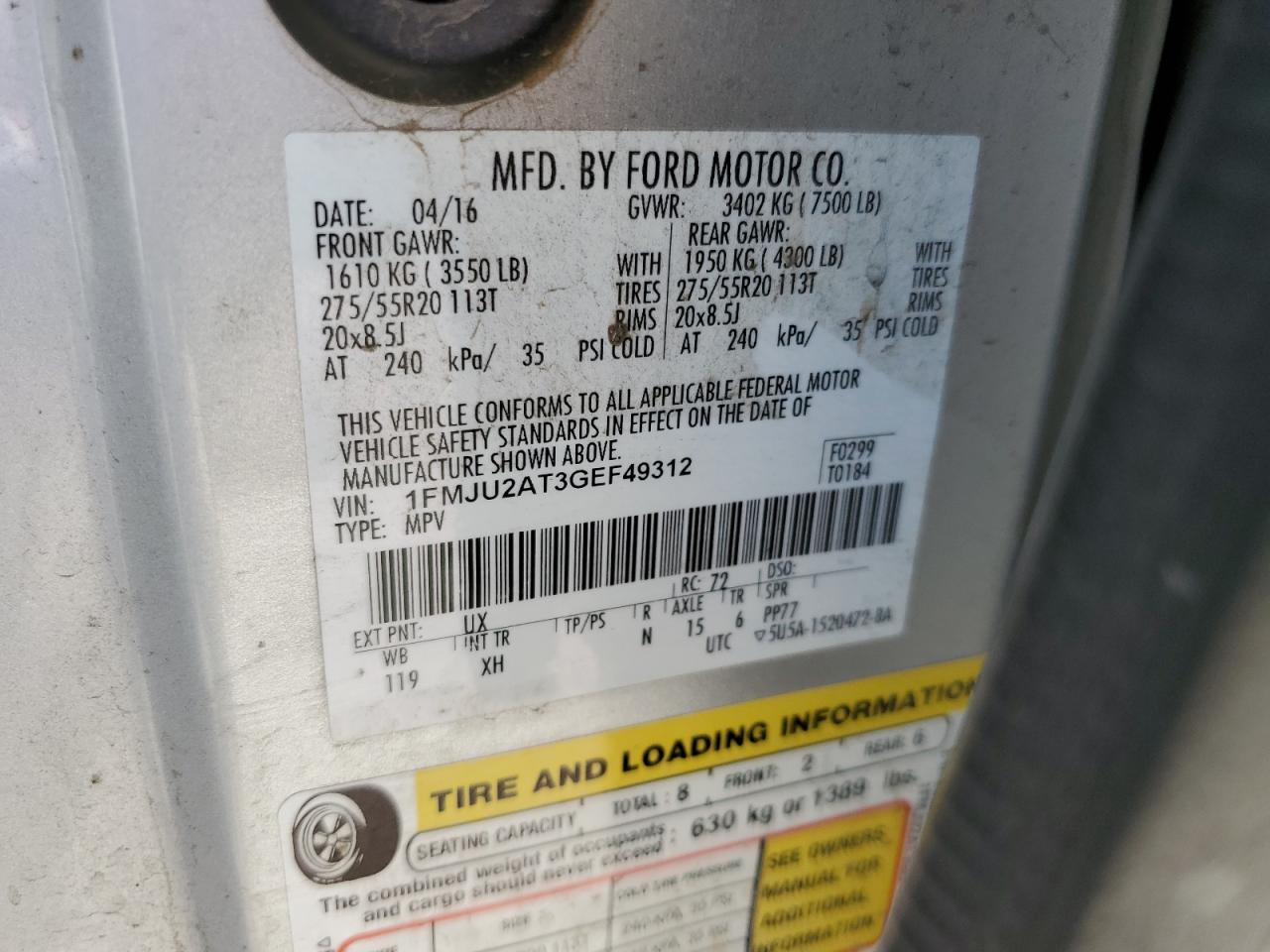 1FMJU2AT3GEF49312 2016 Ford Expedition Limited