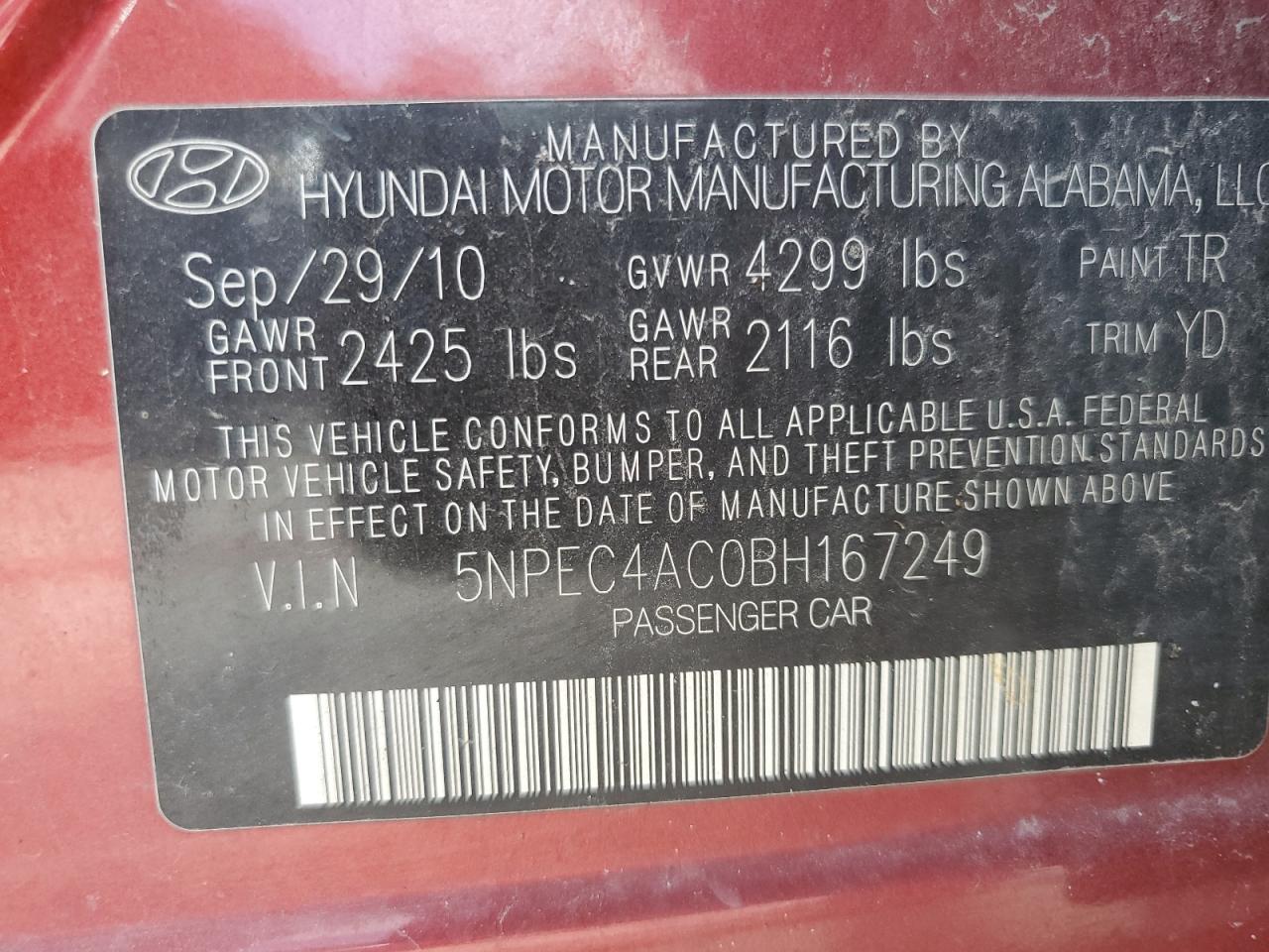 5NPEC4AC0BH167249 2011 Hyundai Sonata Se