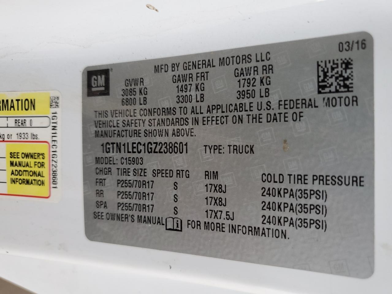 1GTN1LEC1GZ238601 2016 GMC Sierra C1500