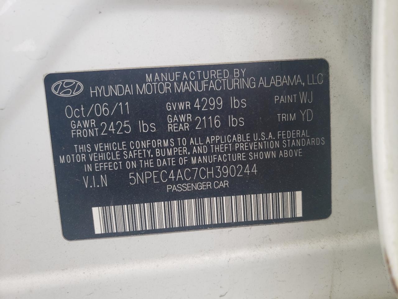 5NPEC4AC7CH390244 2012 Hyundai Sonata Se