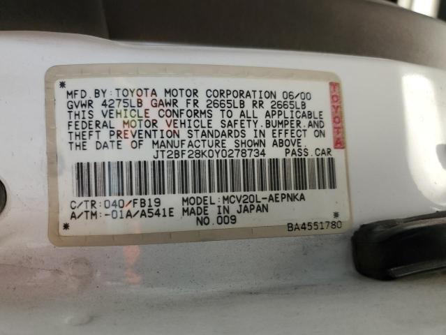 2000 Toyota Camry Le VIN: JT2BF28K0Y0278734 Lot: 60805064