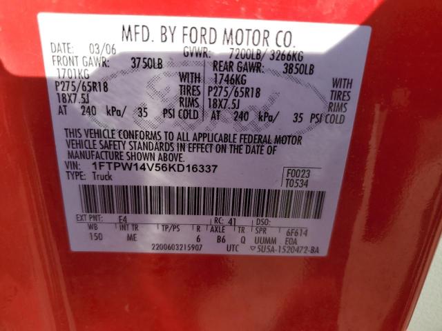 2006 Ford F150 Supercrew VIN: 1FTPW14V56KD16337 Lot: 58976824
