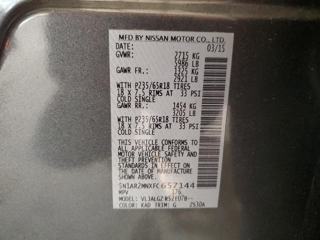 5N1AR2MNXFC657144 2015 Nissan Pathfinder S