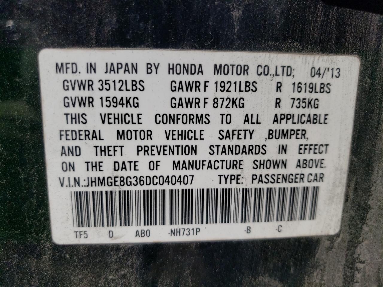 JHMGE8G36DC040407 2013 Honda Fit