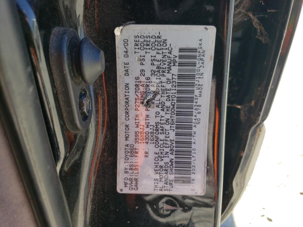 jt6ht00w0y0112377 JT6HT00W0Y0112377 2000 Lexus Lx 470
