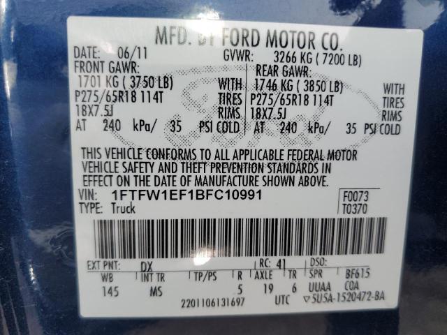 2011 Ford F150 Supercrew VIN: 1FTFW1EF1BFC10991 Lot: 58316834