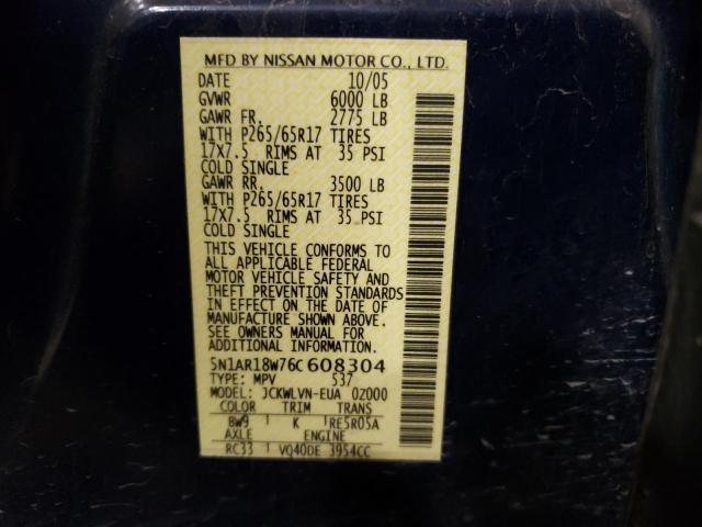 2006 Nissan Pathfinder Le VIN: 5N1AR18W76C608304 Lot: 58793404