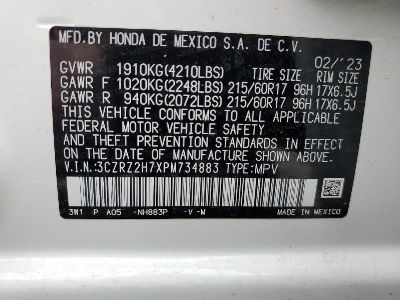 3CZRZ2H7XPM734883 2023 Honda Hr-V Exl