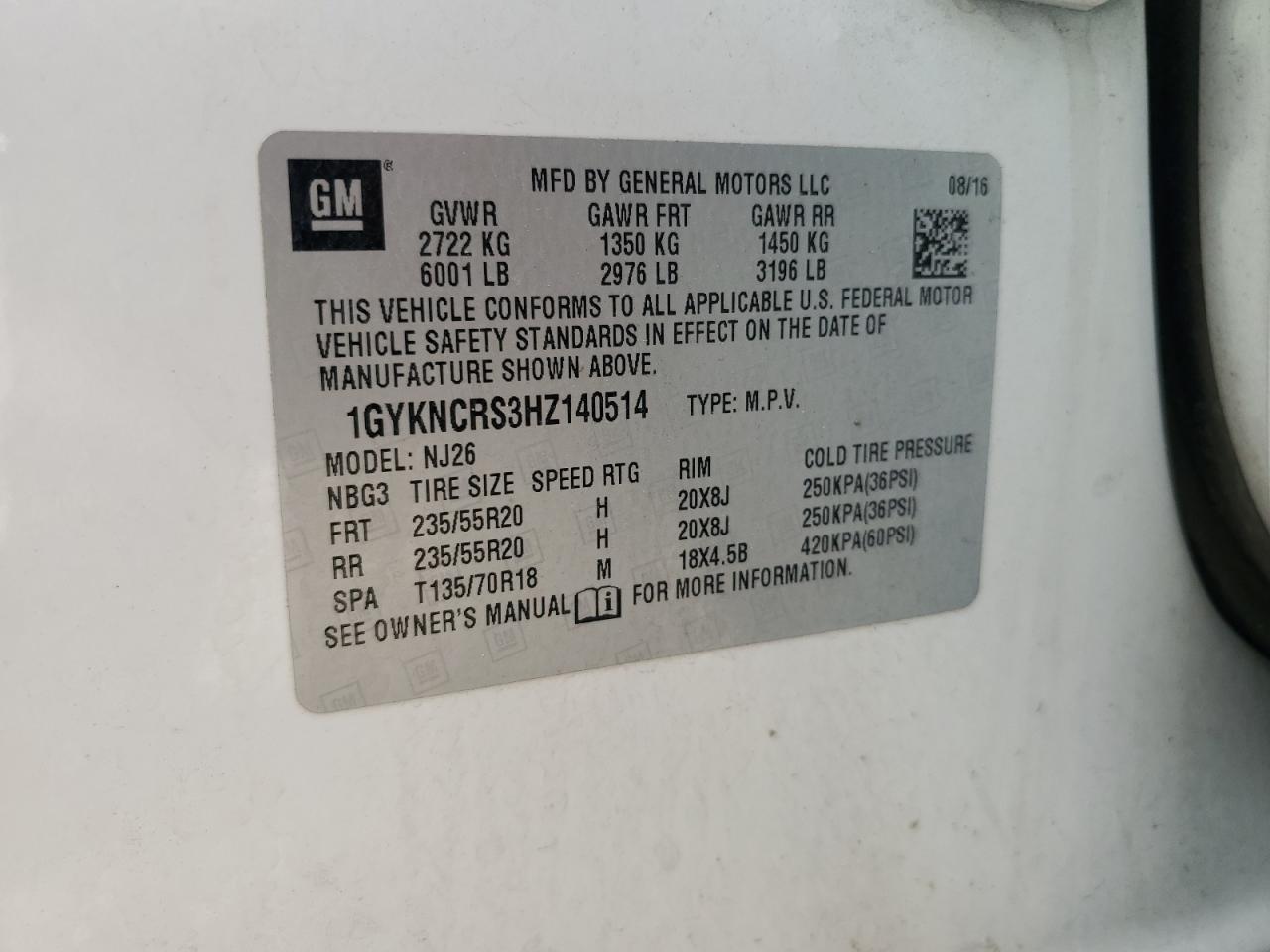 1GYKNCRS3HZ140514 2017 Cadillac Xt5 Premium Luxury