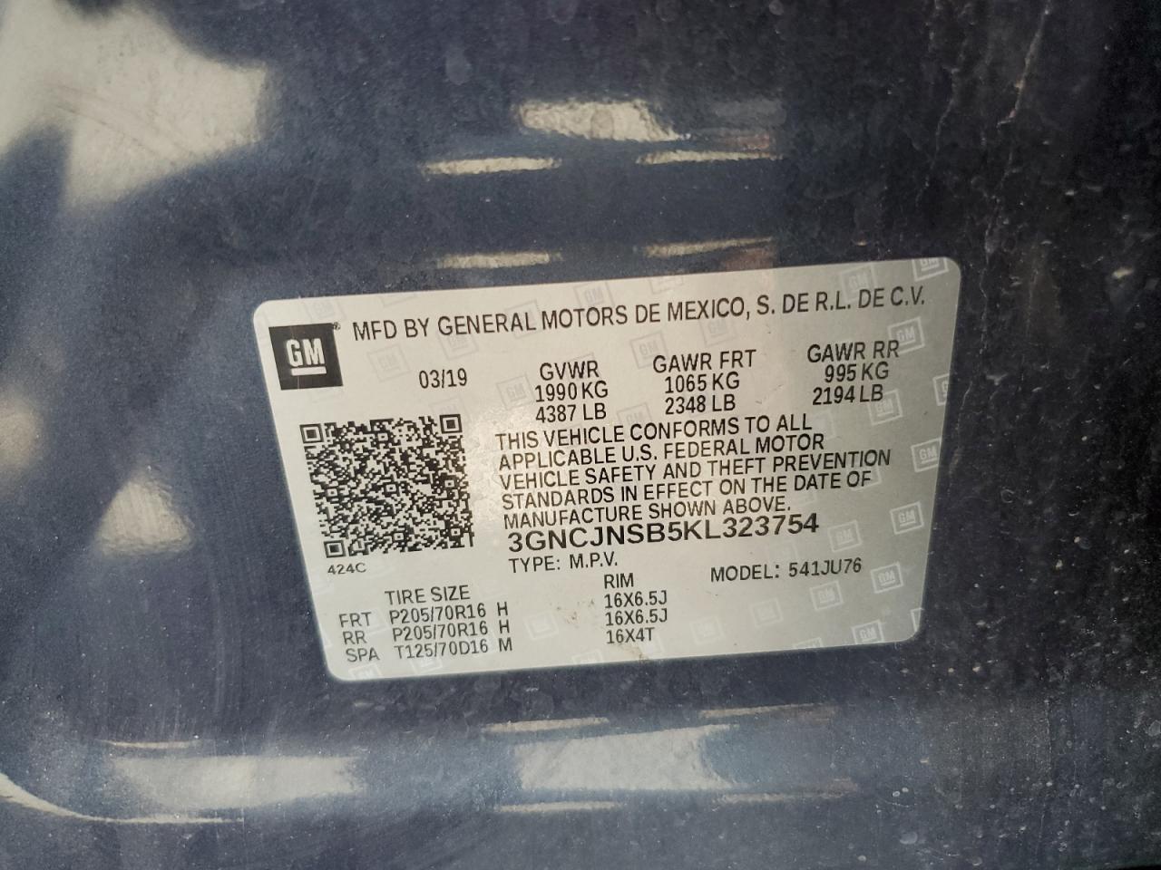 3GNCJNSB5KL323754 2019 Chevrolet Trax Ls