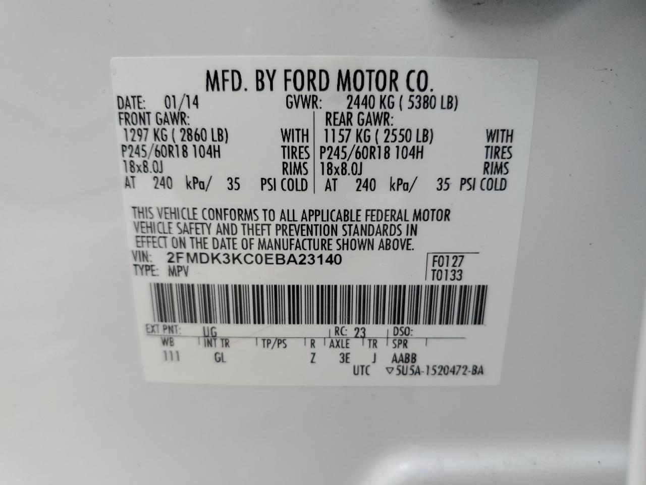 2FMDK3KC0EBA23140 2014 Ford Edge Limited