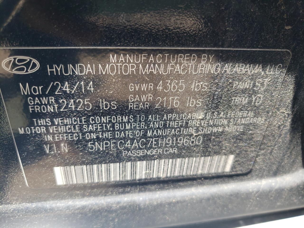 5NPEC4AC7EH919680 2014 Hyundai Sonata Se