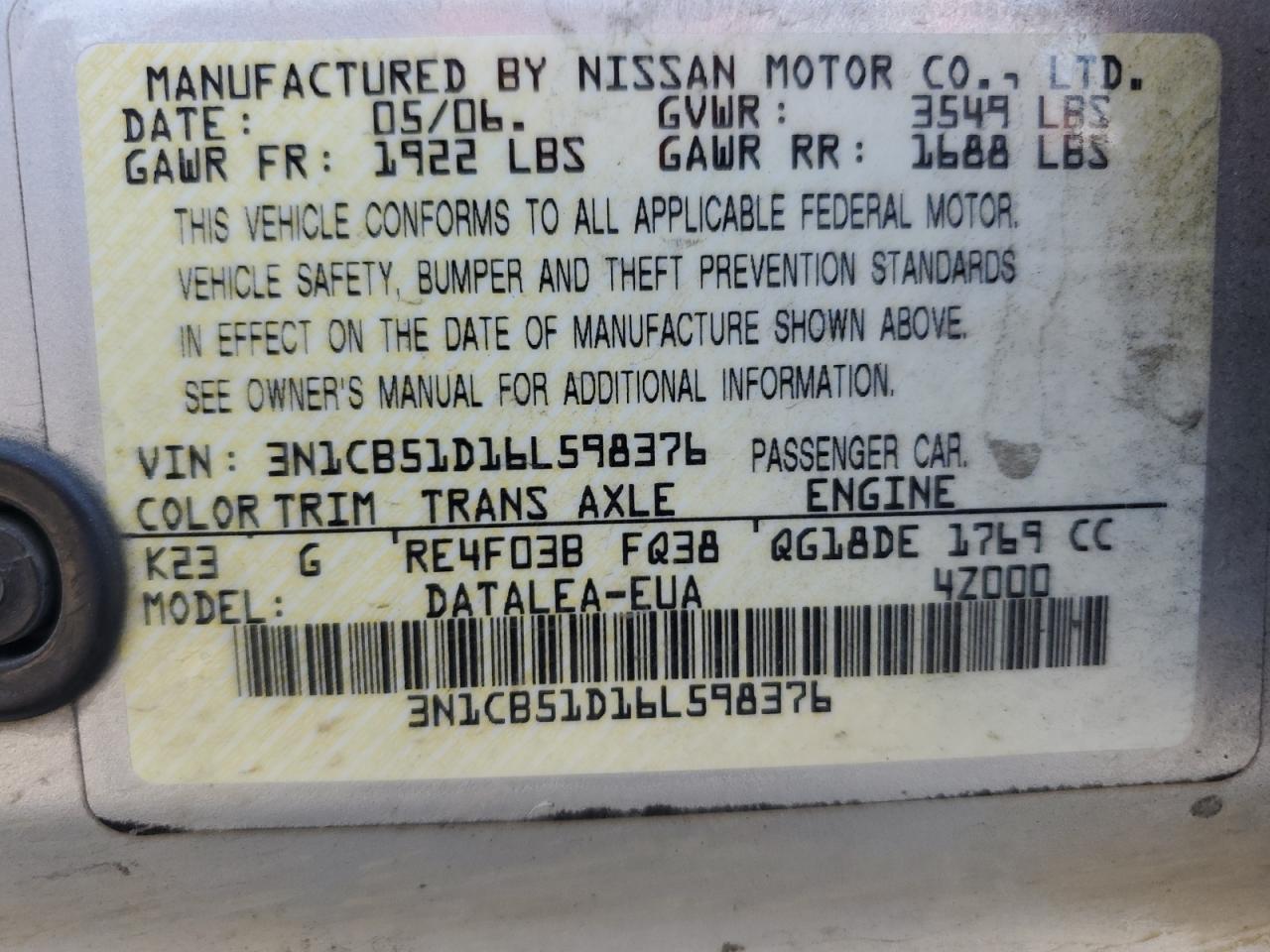 3N1CB51D16L598376 2006 Nissan Sentra 1.8