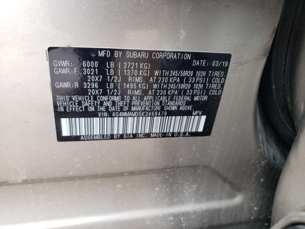 4S4WMAMD5K3468479 2019 Subaru Ascent Limited