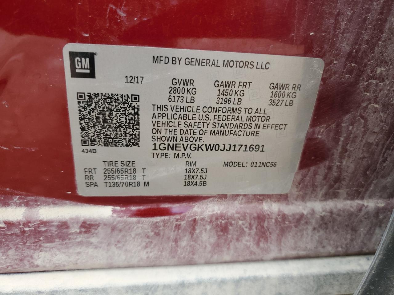 1GNEVGKW0JJ171691 2018 Chevrolet Traverse Lt