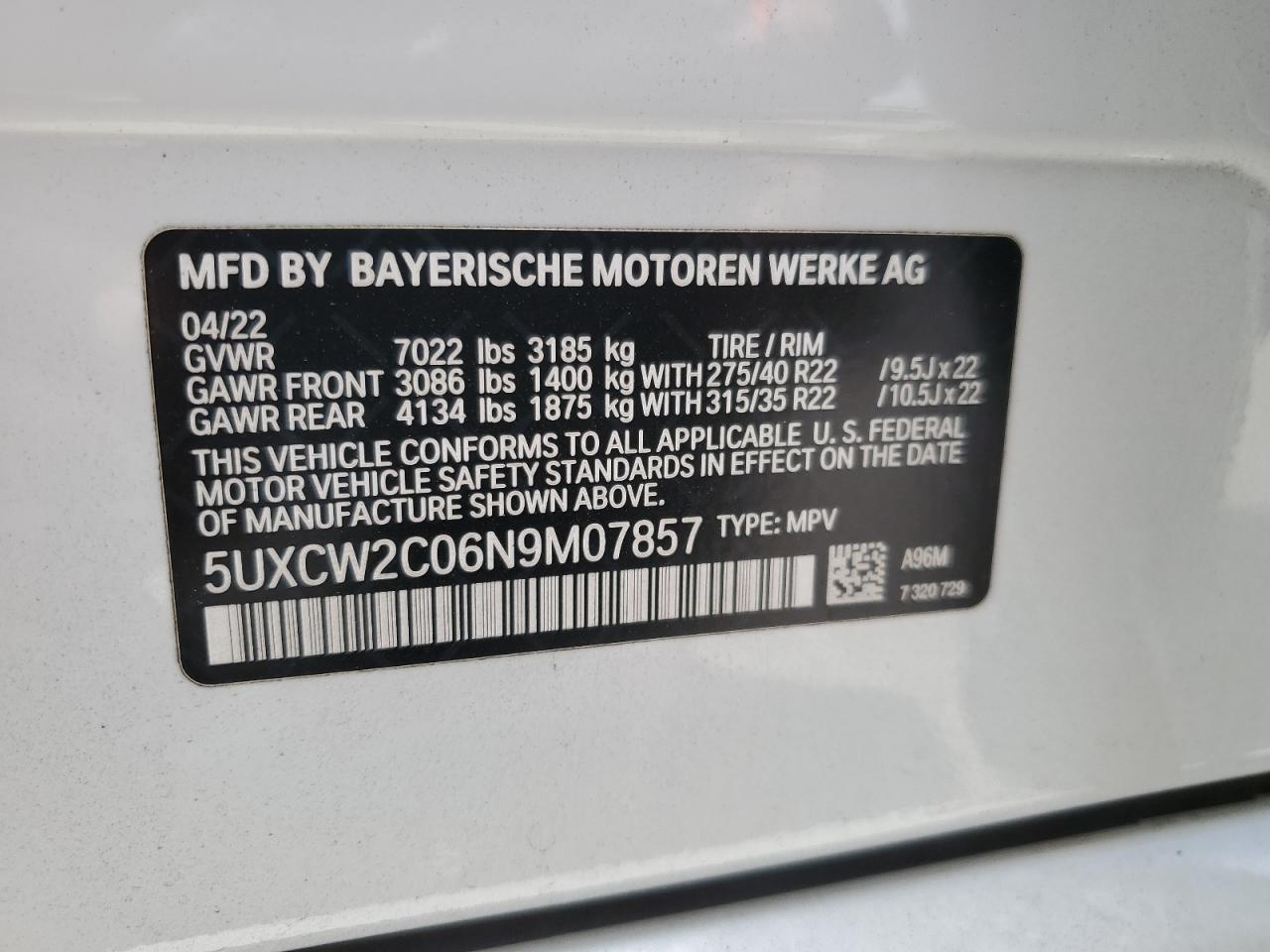 5UXCW2C06N9M07857 2022 BMW X7 xDrive40I