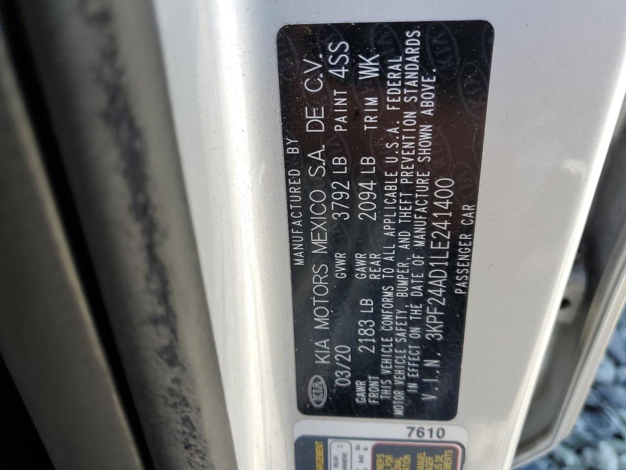 3KPF24AD1LE241400 2020 Kia Forte Fe