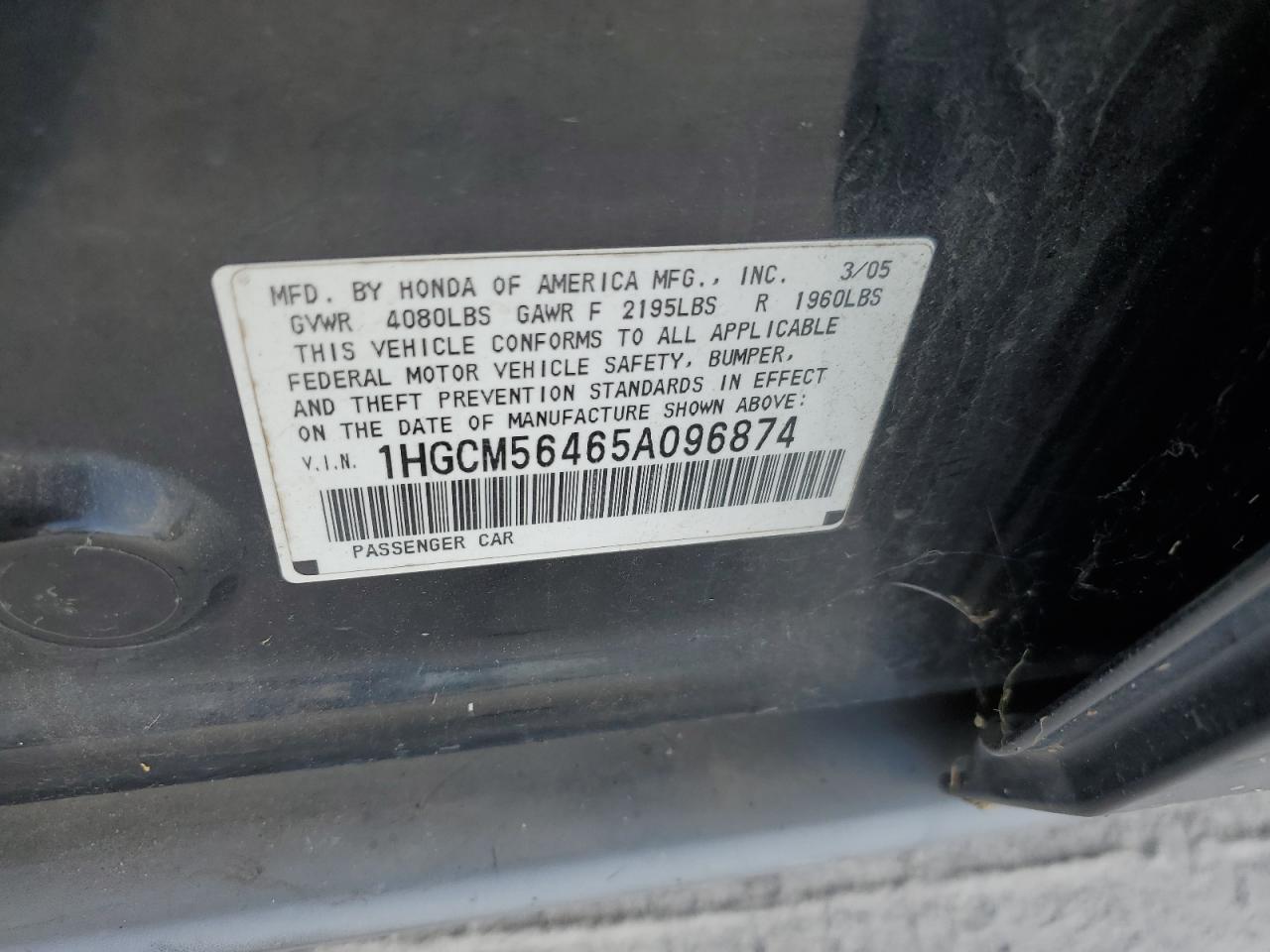 1HGCM56465A096874 2005 Honda Accord Lx