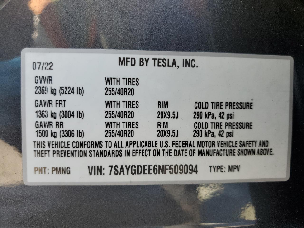 7SAYGDEE6NF509094 2022 Tesla Model Y