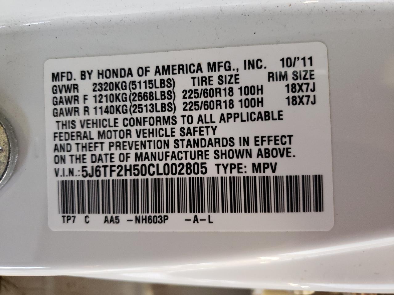 5J6TF2H50CL002805 2012 Honda Crosstour Exl