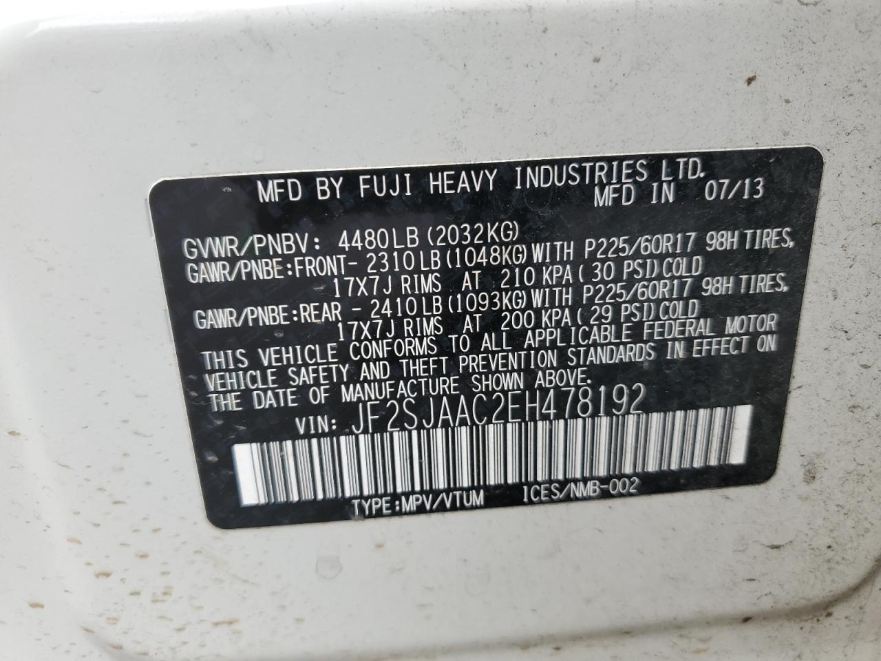 JF2SJAAC2EH478192 2014 Subaru Forester 2.5I