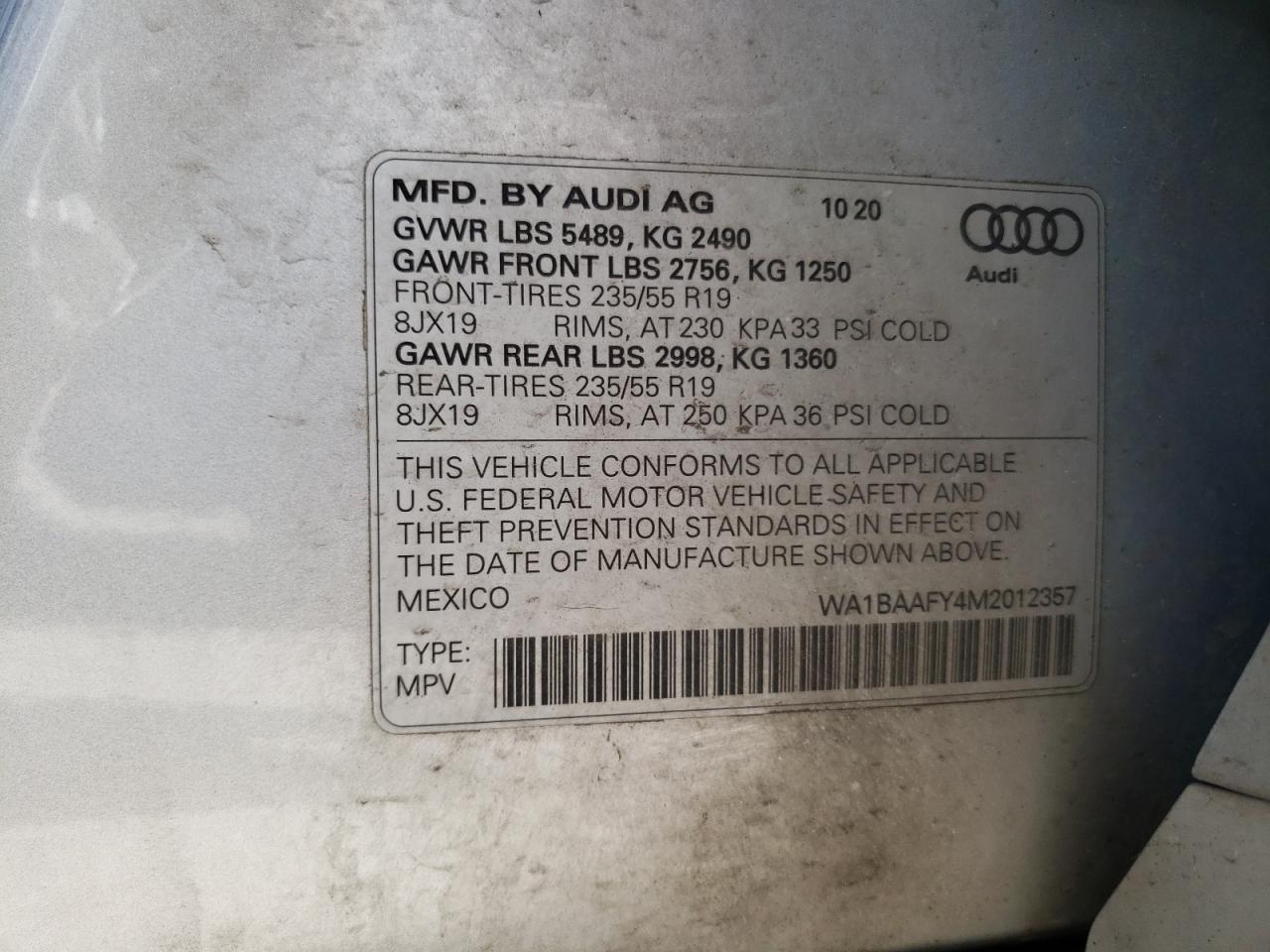 WA1BAAFY4M2012357 2021 Audi Q5 Premium Plus