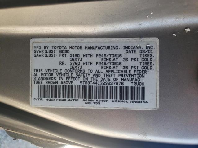 2002 Toyota Tundra Access Cab VIN: 5TBBT44132S227976 Lot: 60253284