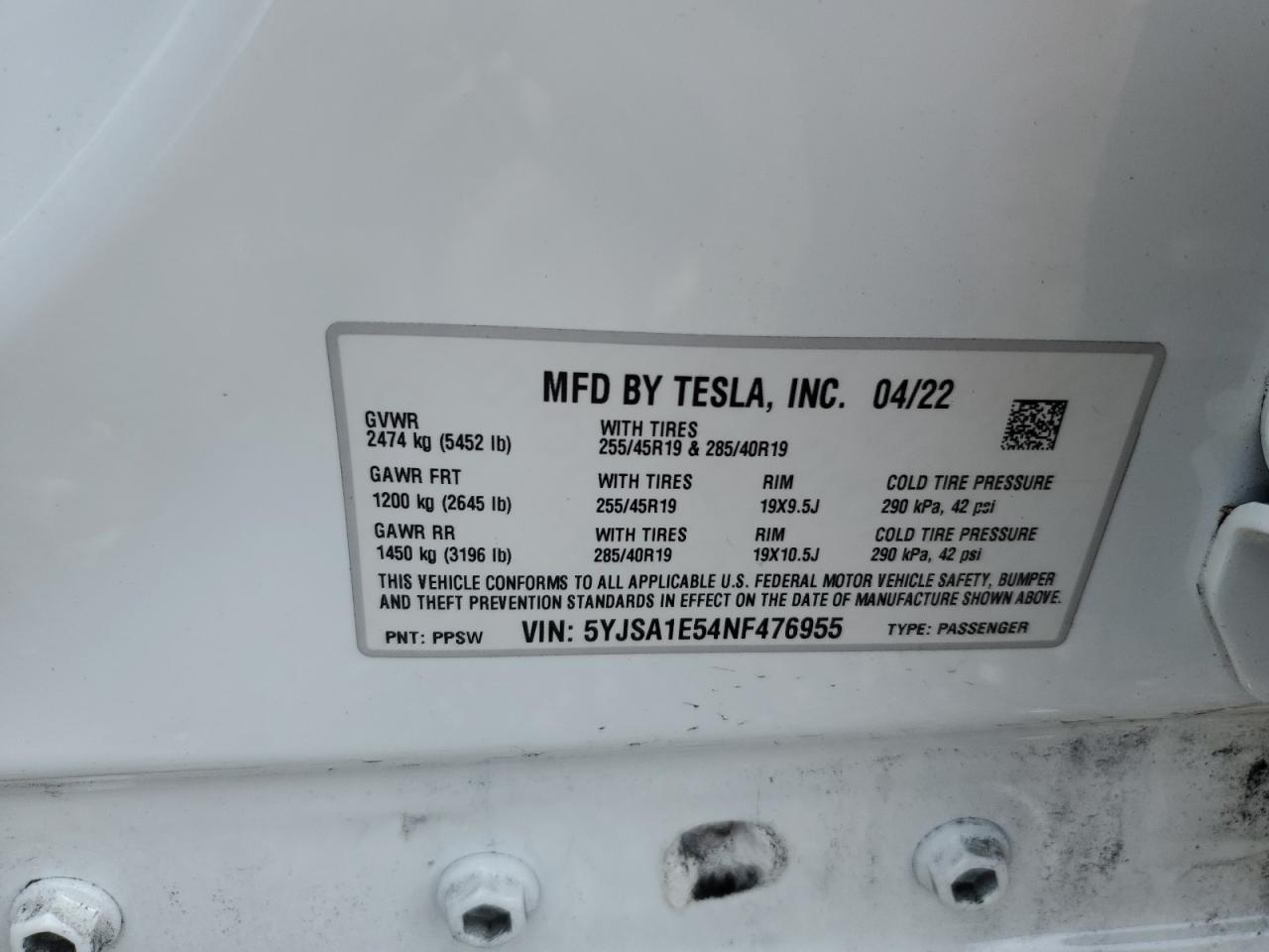 5YJSA1E54NF476955 2022 Tesla Model S