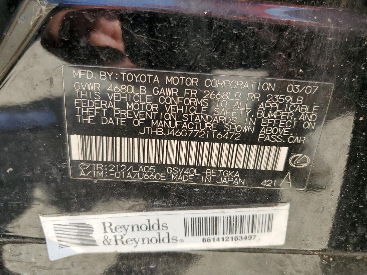 JTHBJ46G772116472 2007 Lexus Es 350