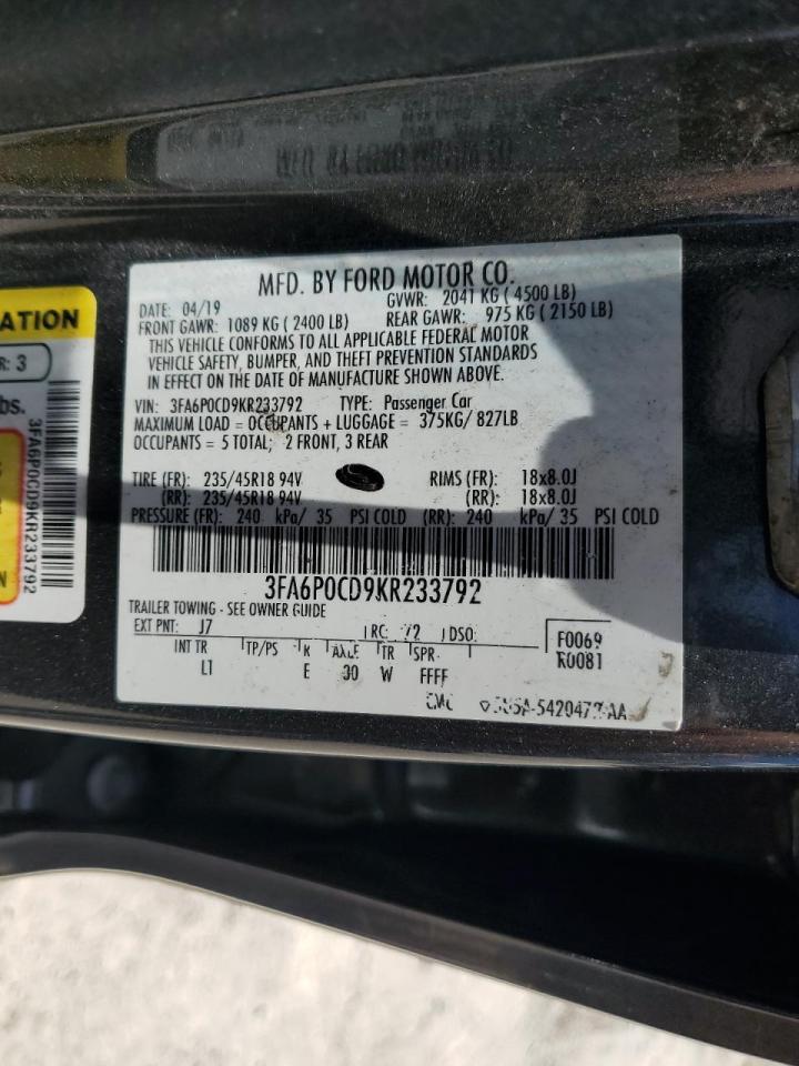 2019 Ford Fusion Sel vin: 3FA6P0CD9KR233792