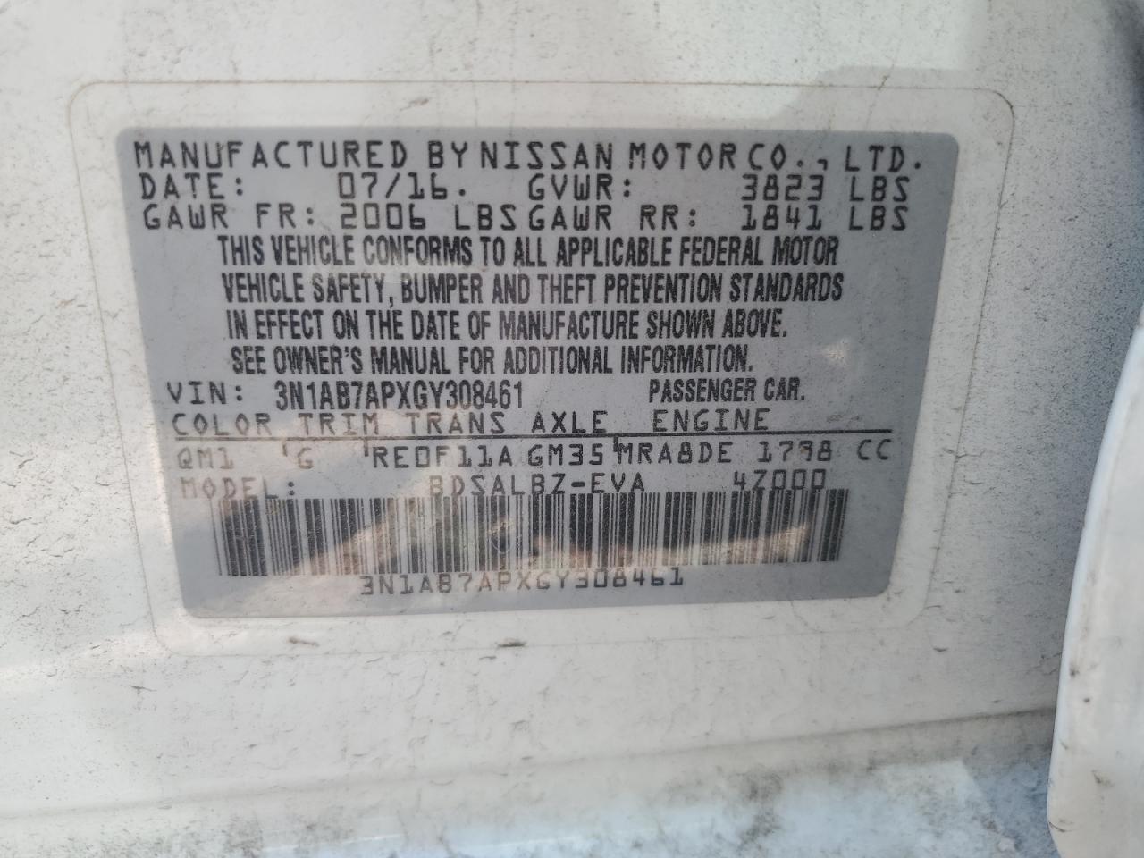 3N1AB7APXGY308461 2016 Nissan Sentra S