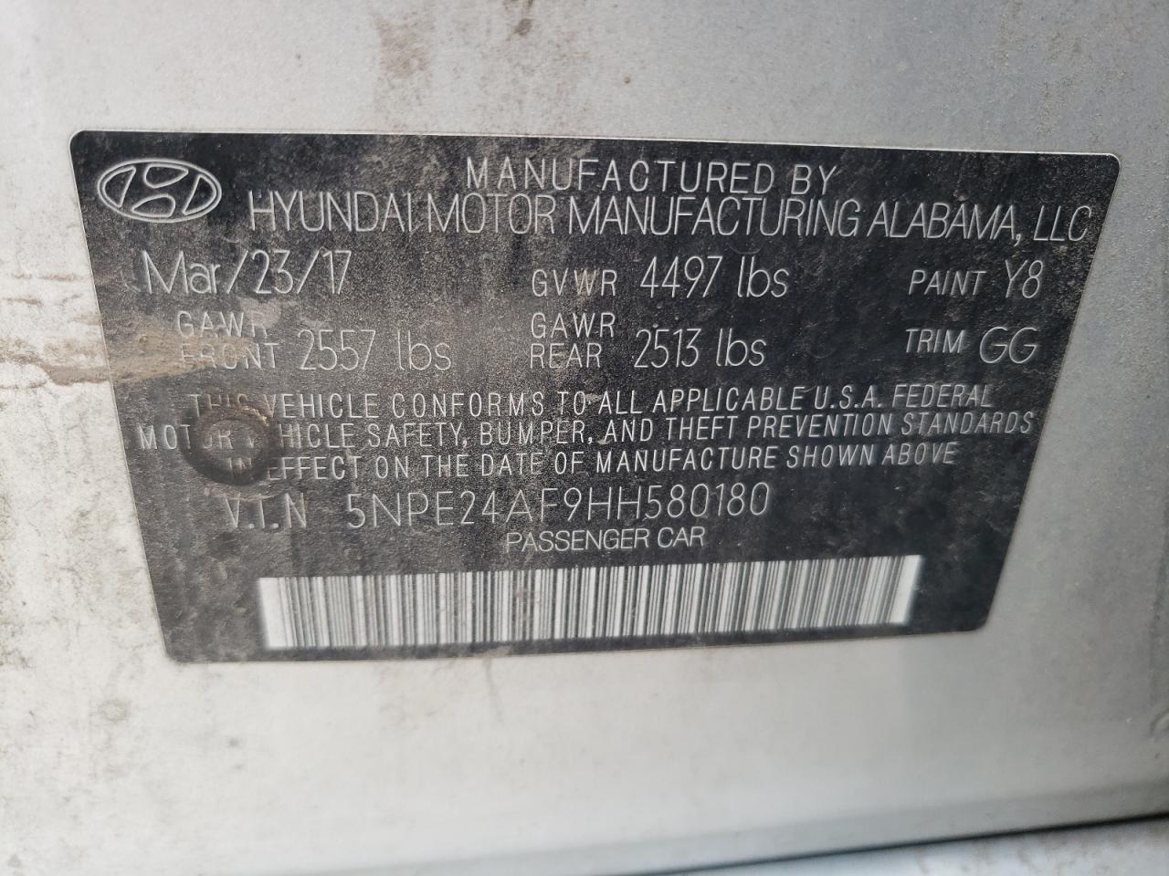 5NPE24AF9HH580180 2017 Hyundai Sonata Se