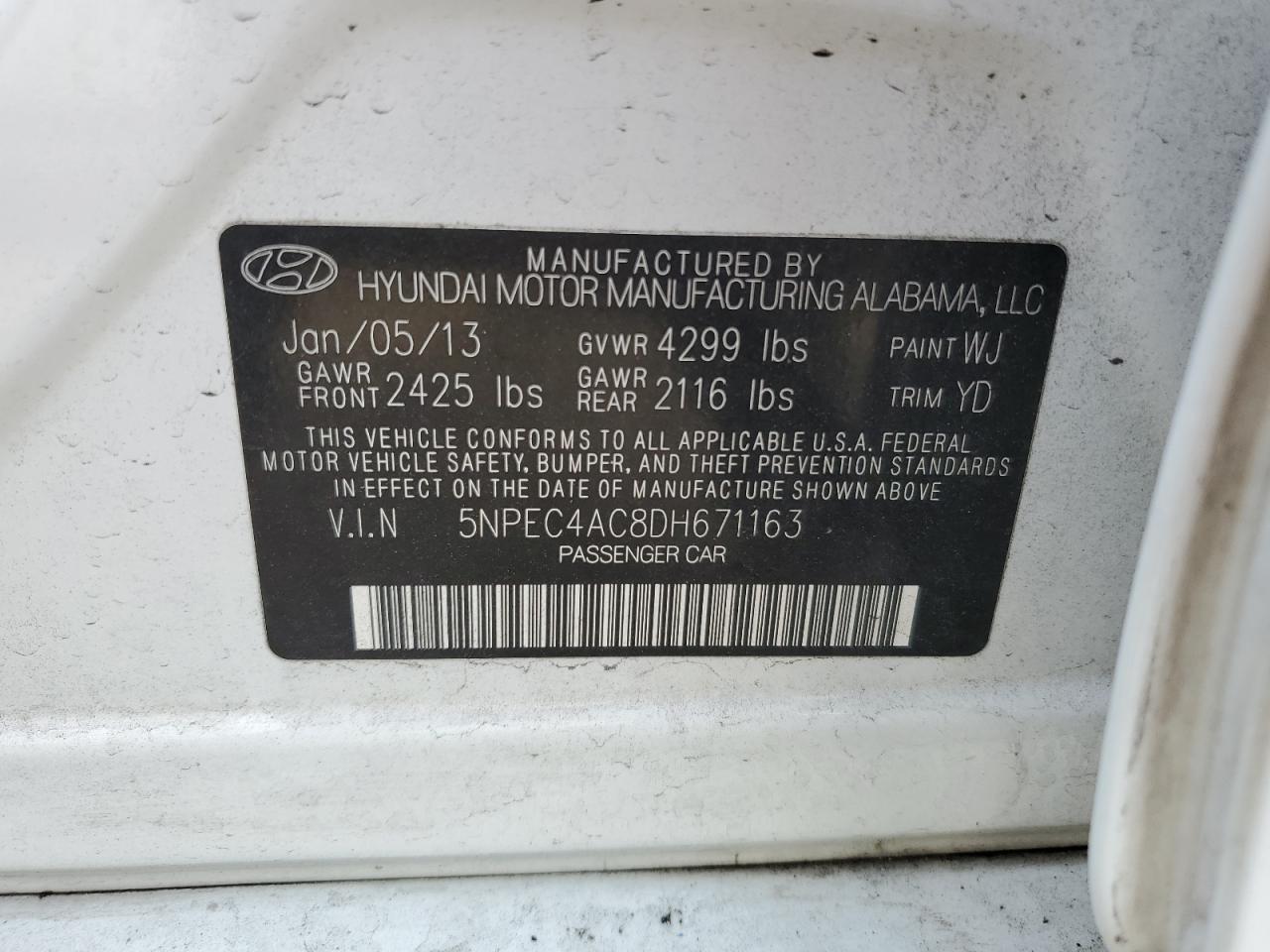 5NPEC4AC8DH671163 2013 Hyundai Sonata Se