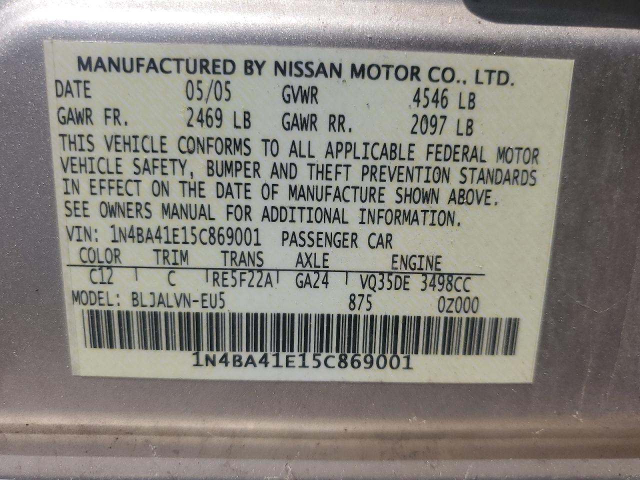 1N4BA41E15C869001 2005 Nissan Maxima Se