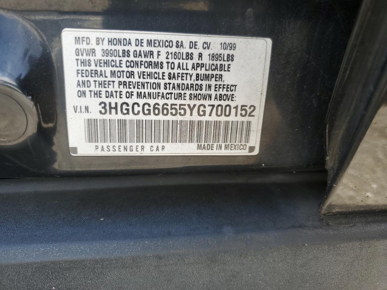 3HGCG6655YG700152 2000 Honda Accord Lx