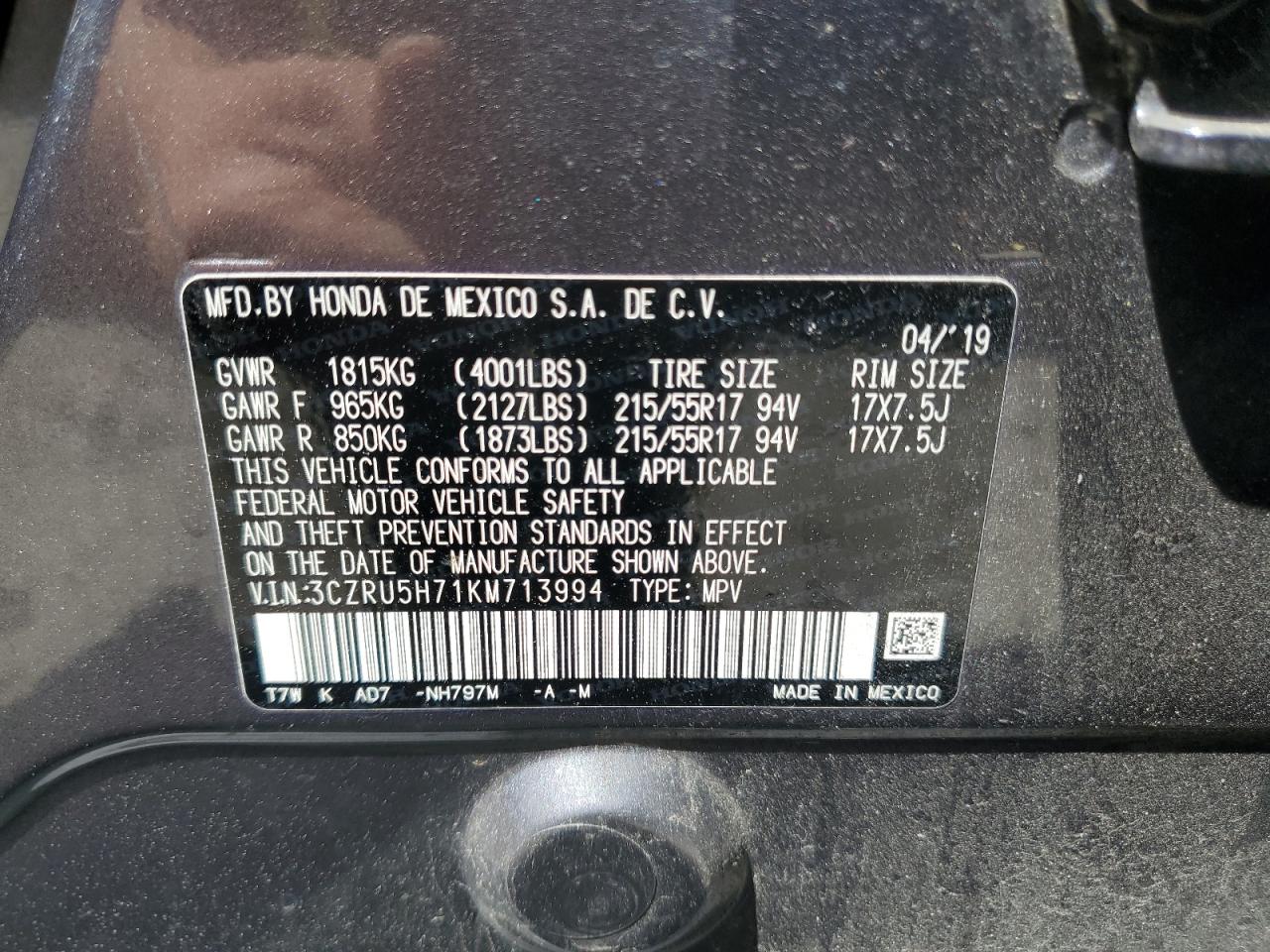 3CZRU5H71KM713994 2019 Honda Hr-V Exl