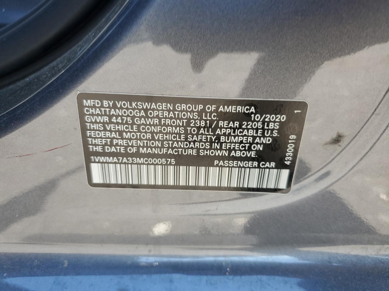 1VWMA7A33MC000575 2021 Volkswagen Passat R-Line