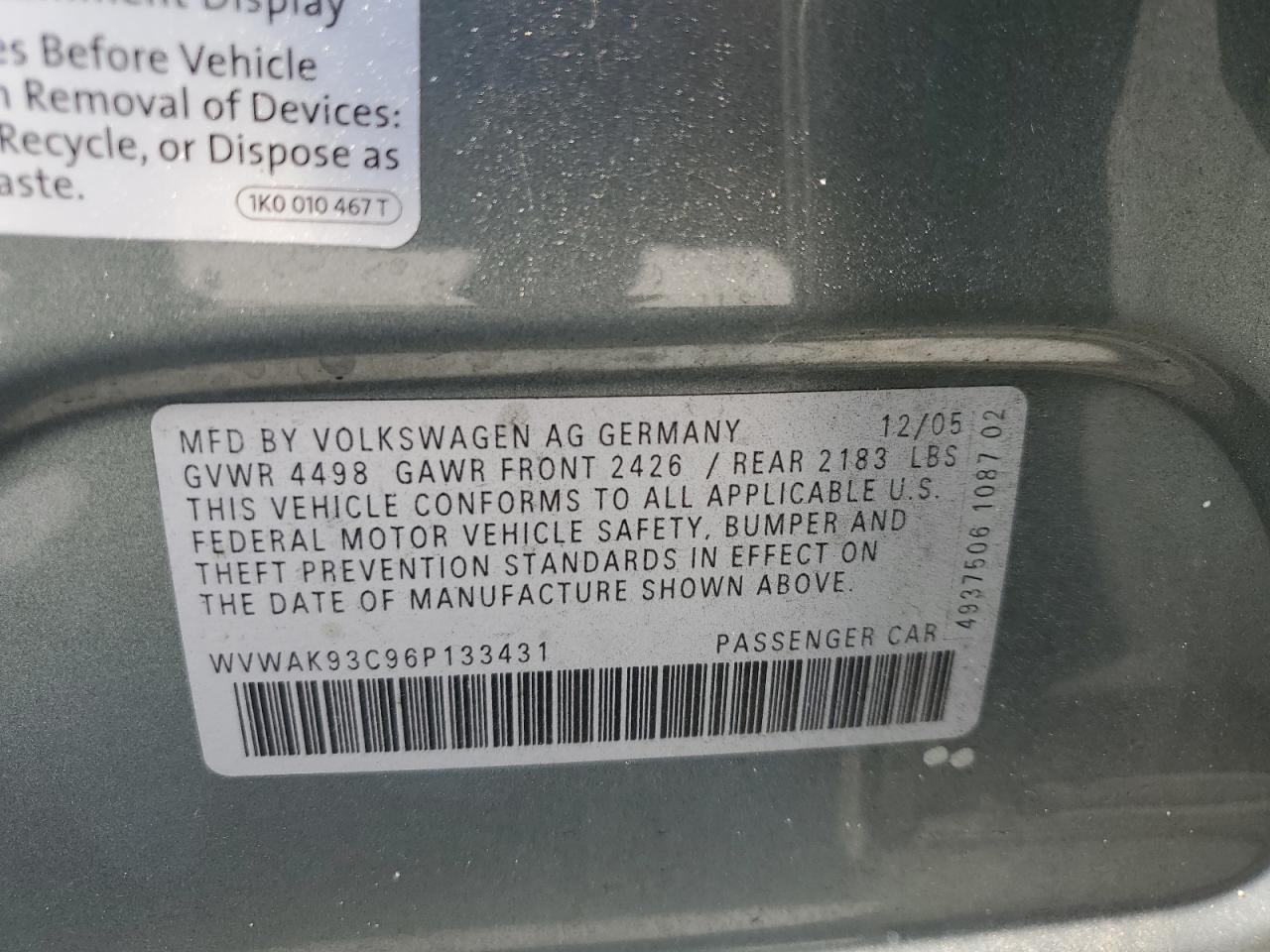 WVWAK93C96P133431 2006 Volkswagen Passat 2.0T