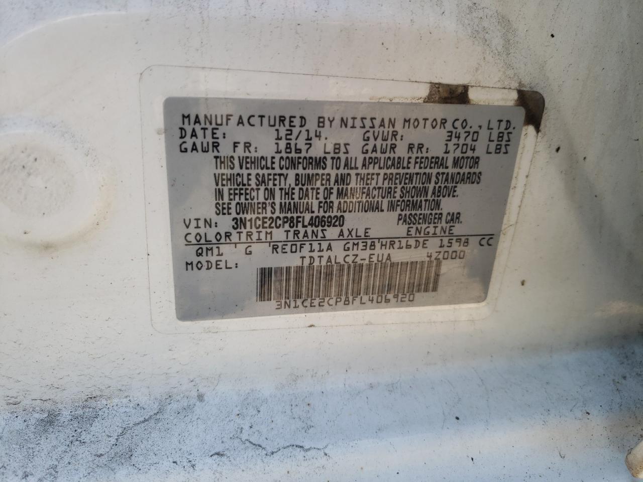 3N1CE2CP8FL406920 2015 Nissan Versa Note S