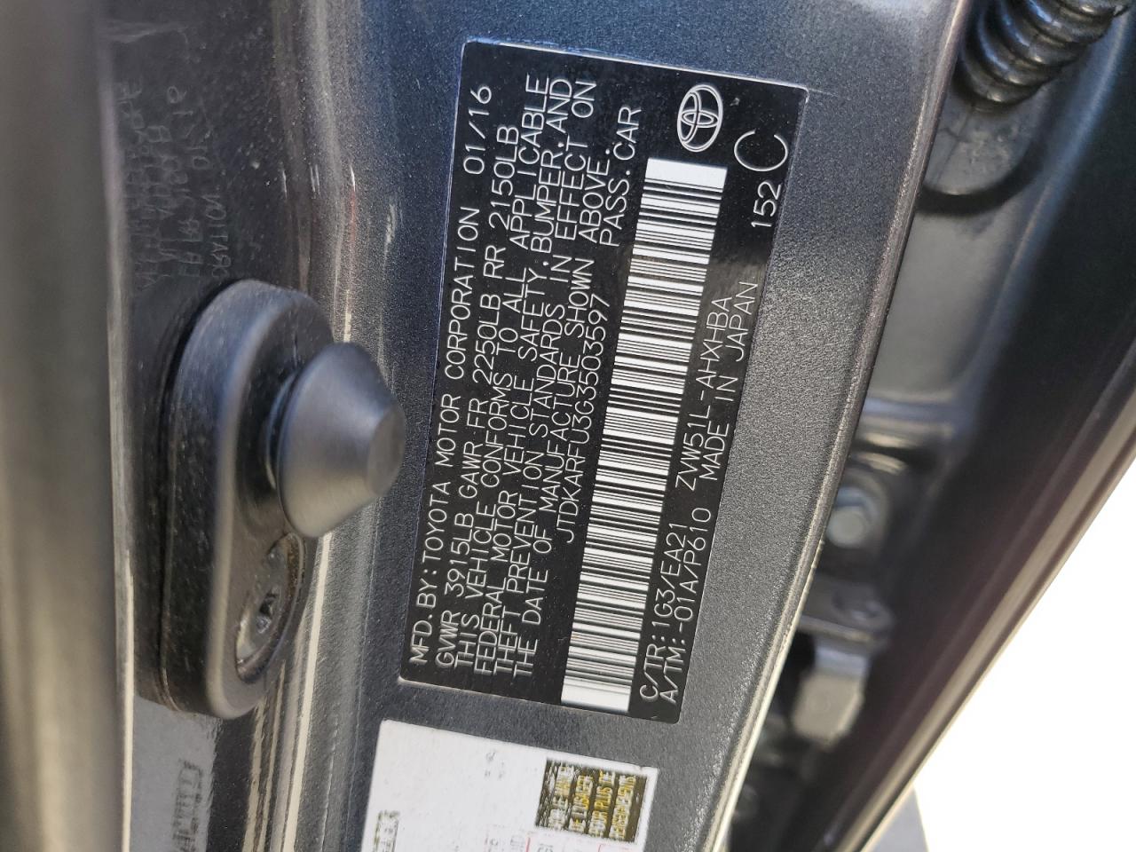 JTDKARFU3G3503597 2016 Toyota Prius