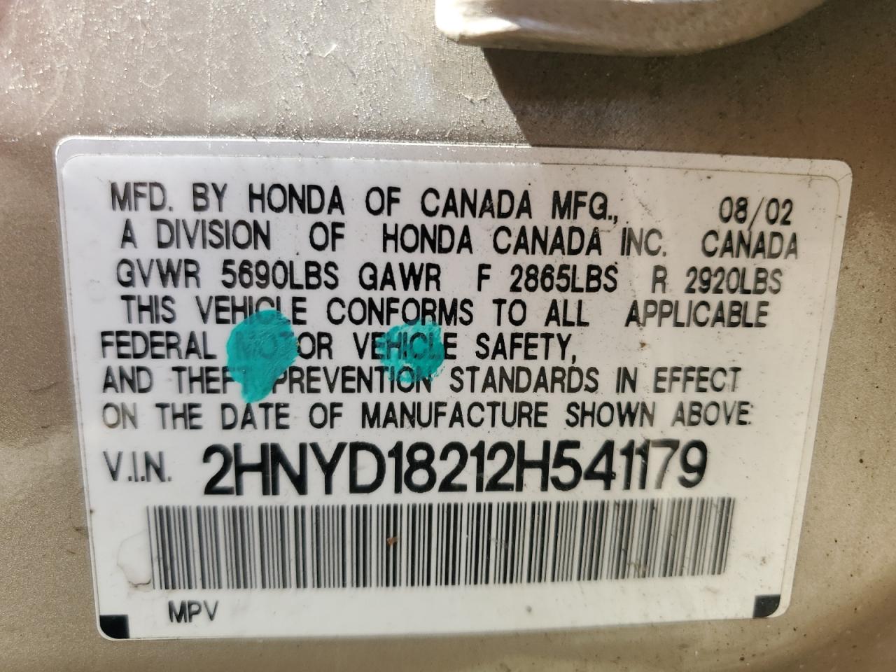 2HNYD18212H541179 2002 Acura Mdx