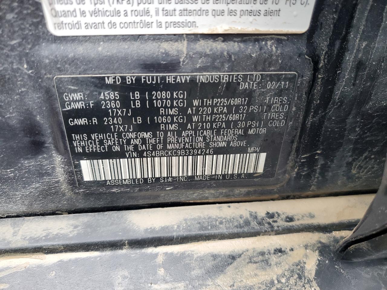 4S4BRCKC9B3394246 2011 Subaru Outback 2.5I Limited