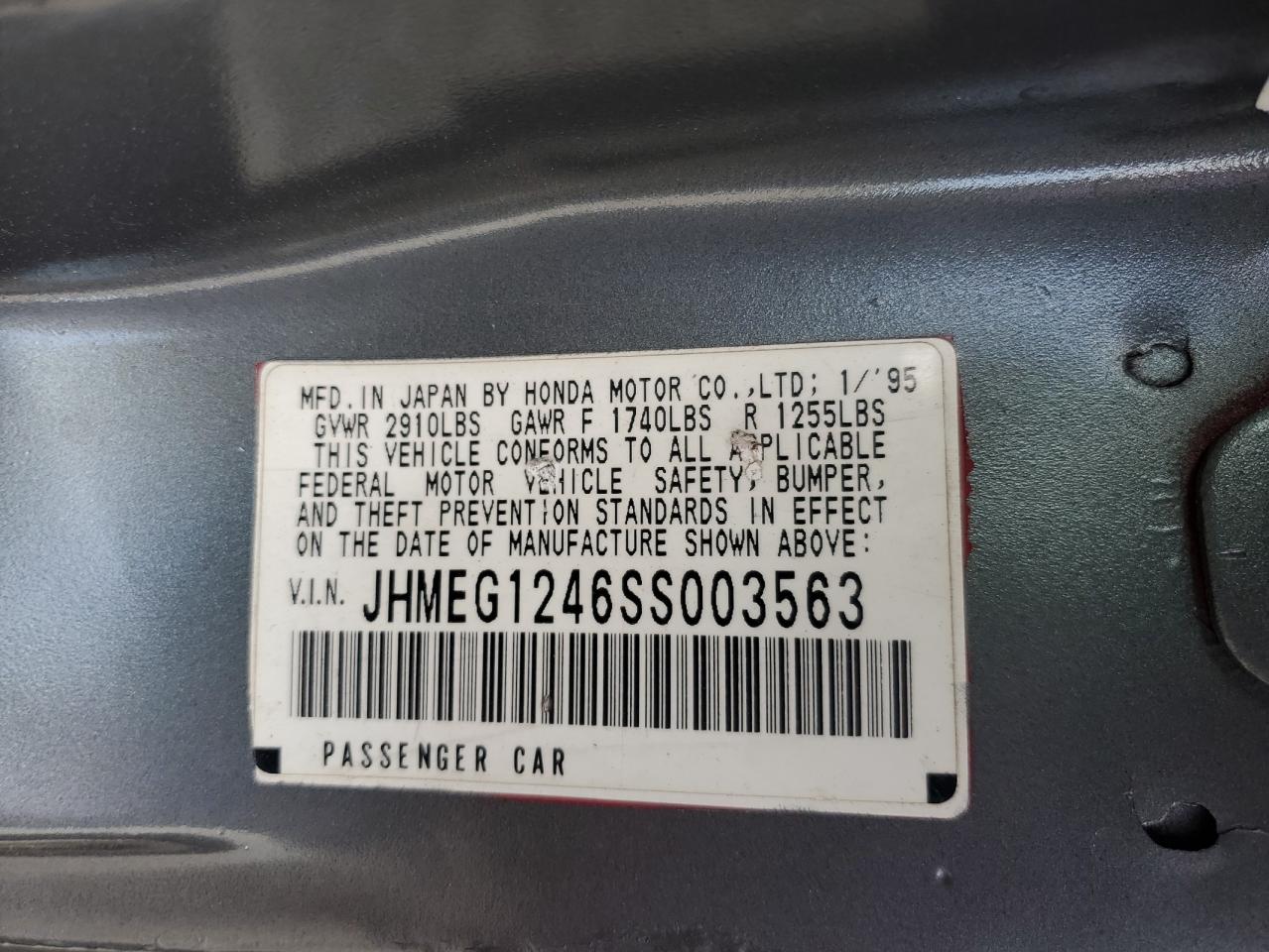JHMEG1246SS003563 1995 Honda Civic Del Sol S JHMEG1246SS003563 1995 Honda Civic Del Sol S
