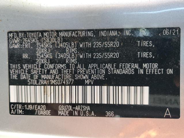 2021 Toyota Highlander Xse VIN: 5TDLZRAH1MS074977 Lot: 59539934