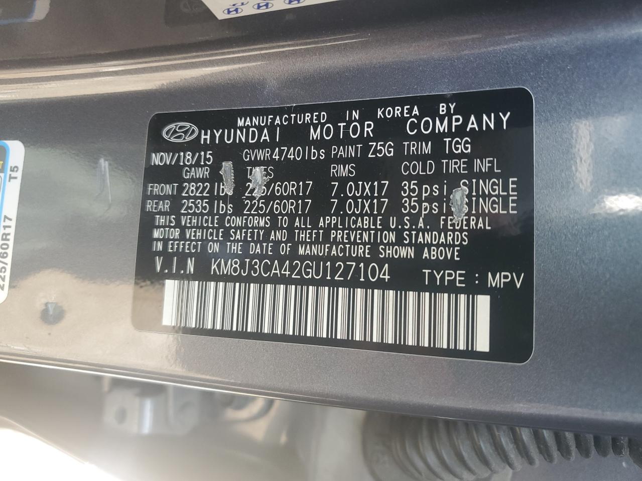 KM8J3CA42GU127104 2016 Hyundai Tucson Limited