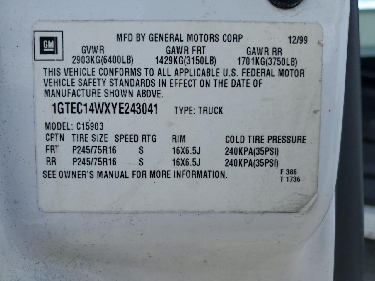 1GTEC14WXYE243041 2000 GMC New Sierra C1500