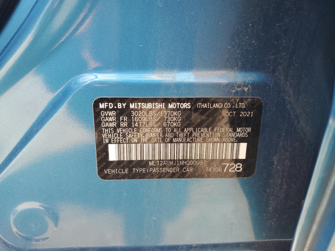 ML32AUHJ1NH000997 2022 Mitsubishi Mirage Es