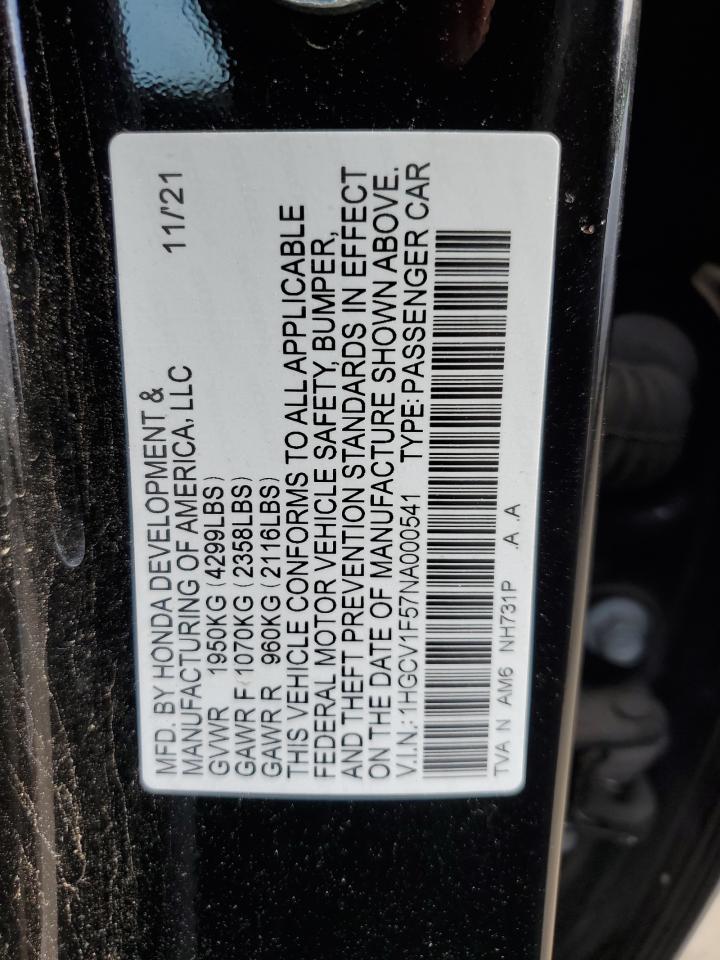 2022 Honda Accord Exl vin: 1HGCV1F57NA000541