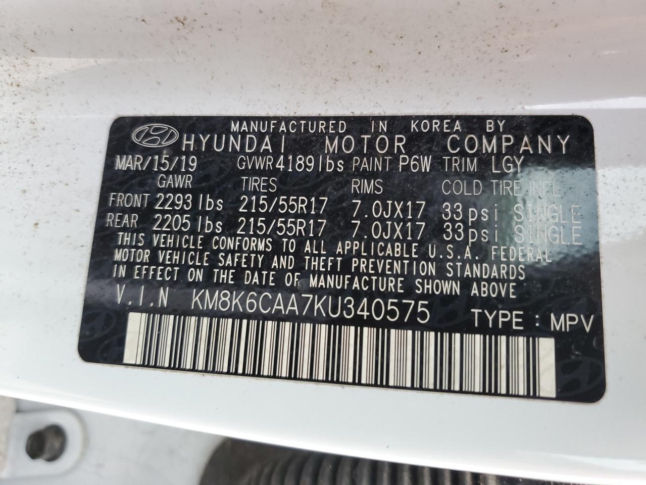 KM8K6CAA7KU340575 2019 Hyundai Kona Sel